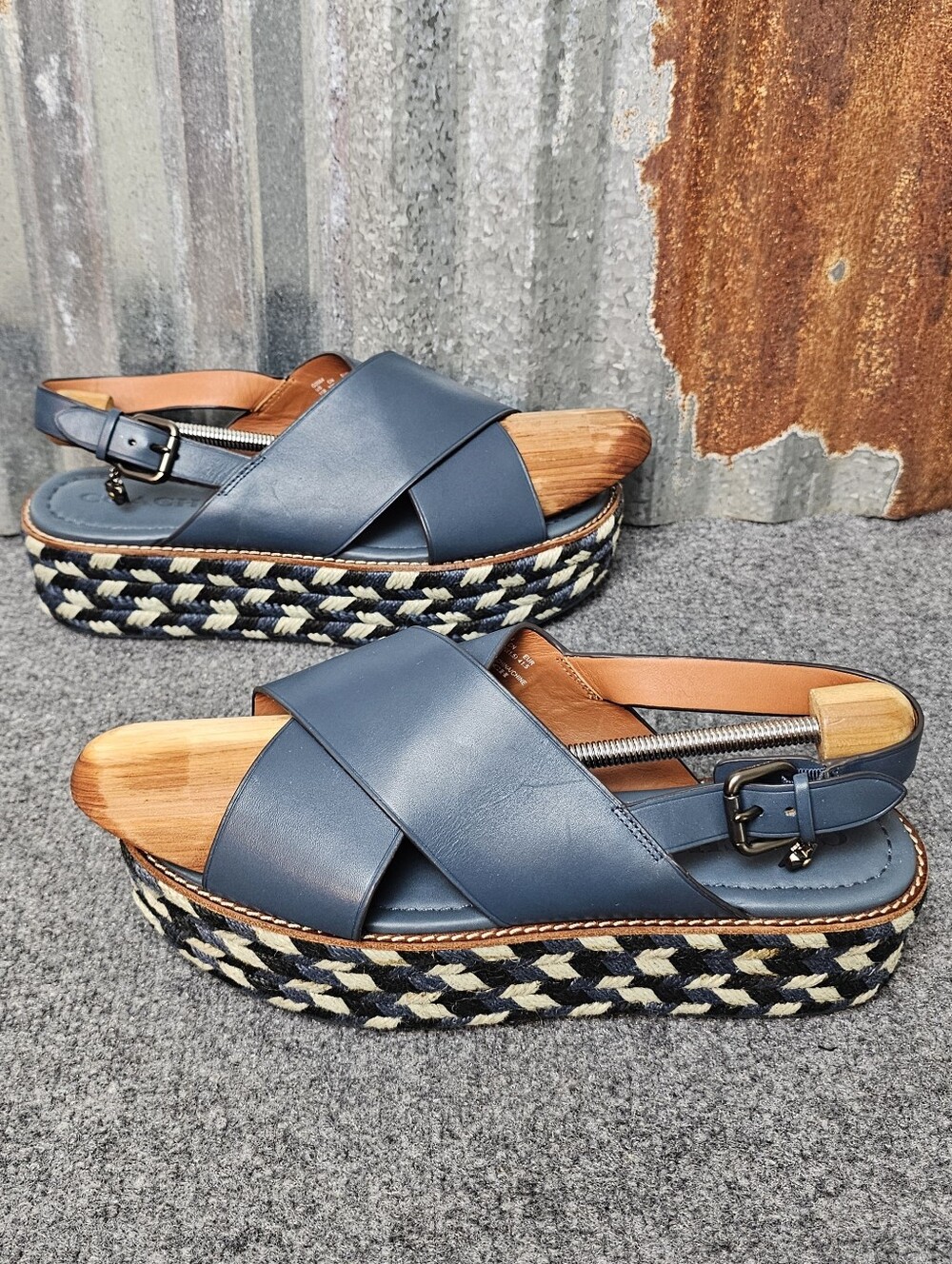 Coach| Navy Leather| Crisscross Flatform Wedge Sandals-